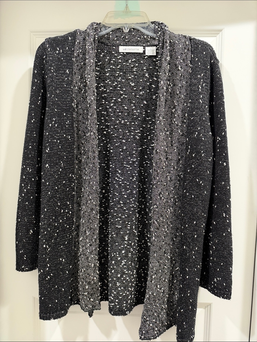 Liz Claiborne Black and White Flecked Open-Front Cardigan